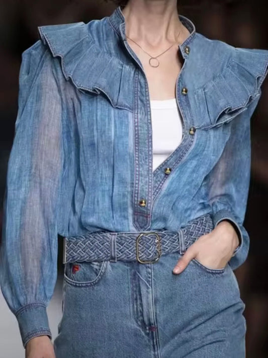 Mid blue denim and translucent shirt long sleeves - Wapas