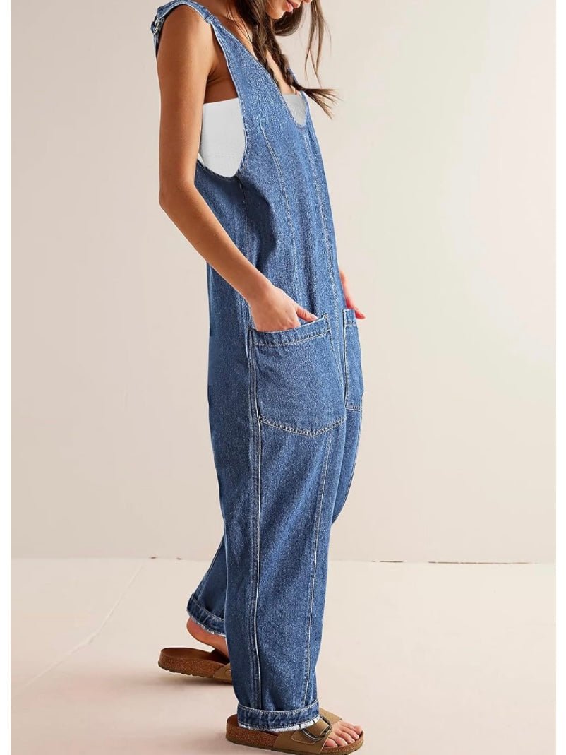 Mid blue denim baggy capri jumpsuit - Wapas