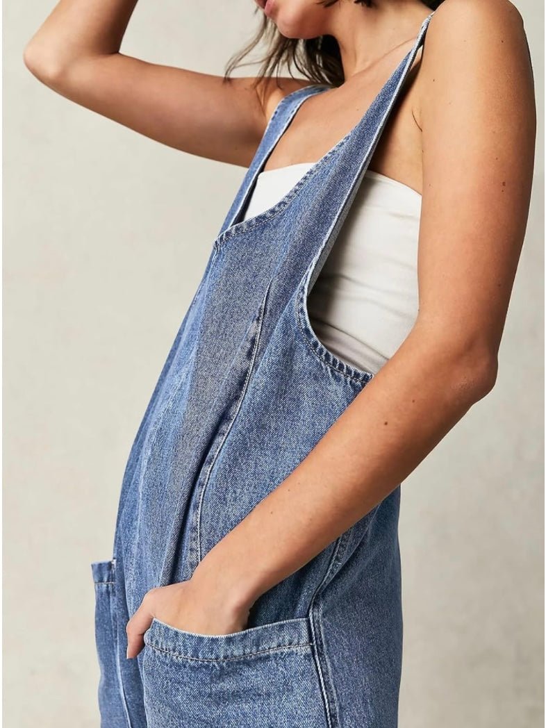 Mid blue denim baggy capri jumpsuit - Wapas