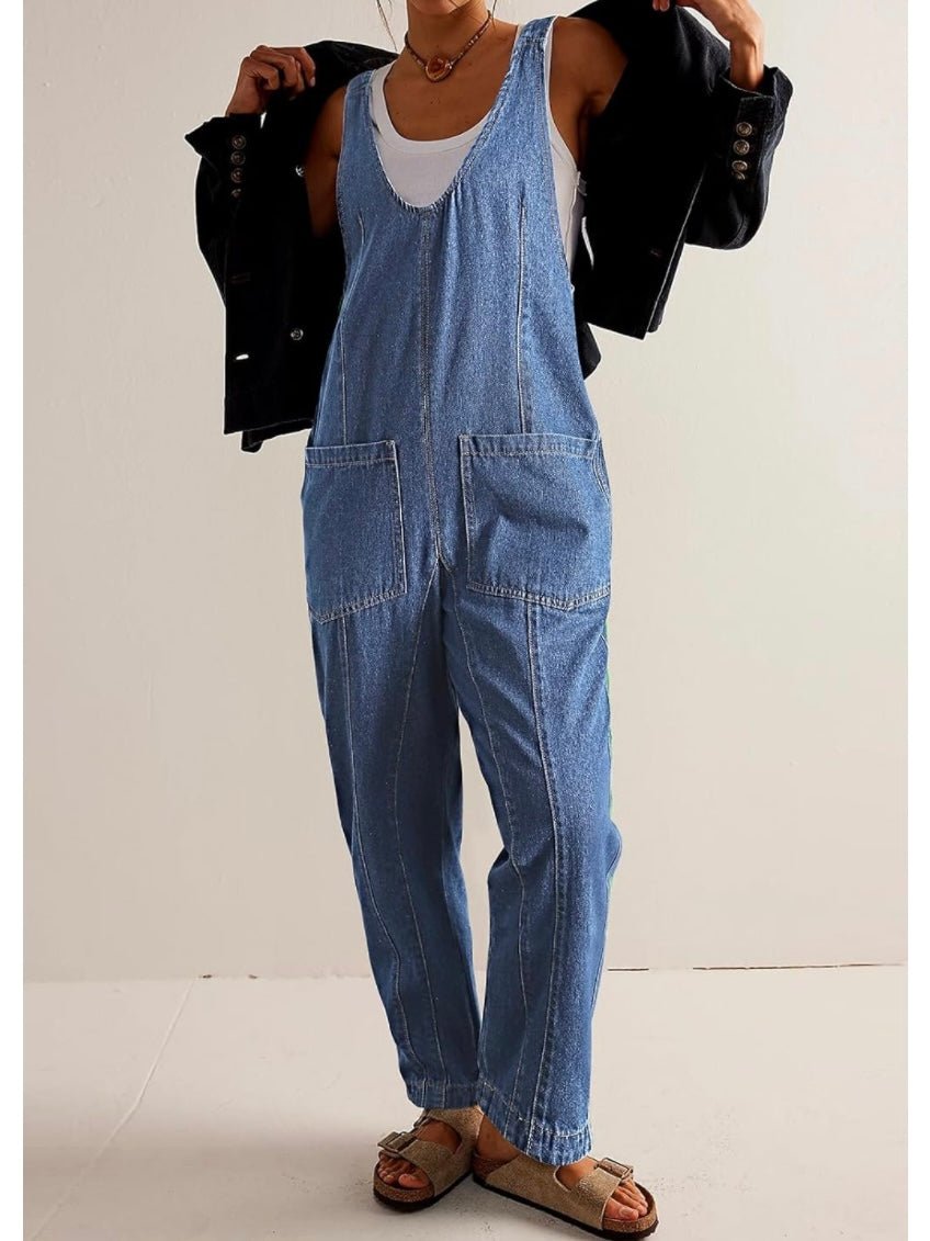 Mid blue denim baggy capri jumpsuit - Wapas