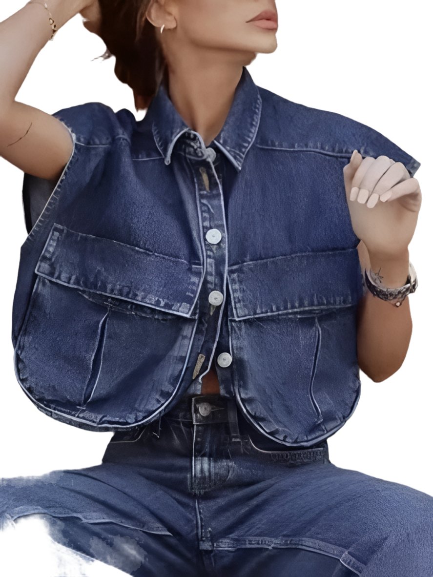 Mid blue denim big pockets crop top / jacket - Wapas