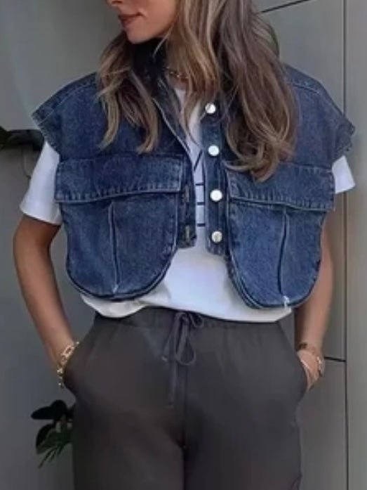 Mid blue denim big pockets crop top / jacket - Wapas