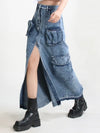 Mid blue denim cargo tube buttoned open front maxi skirts - Wapas