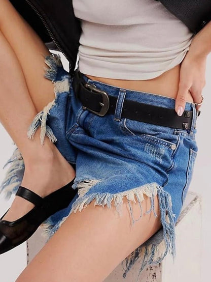 Mid blue denim destroyed shorts pants - Wapas