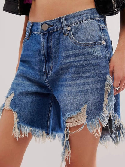 Mid blue denim destroyed shorts pants - Wapas