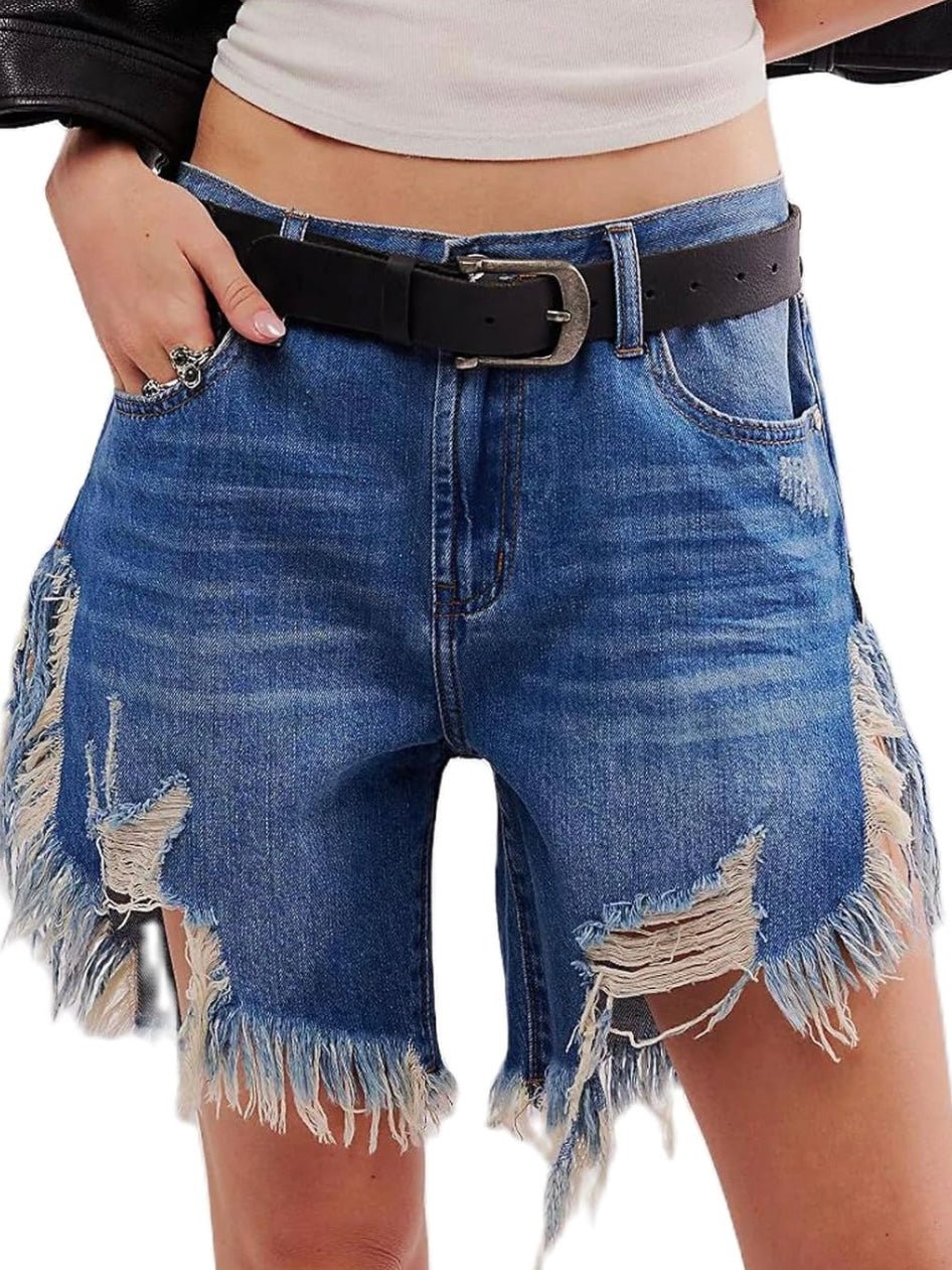 Mid blue denim destroyed shorts pants - Wapas