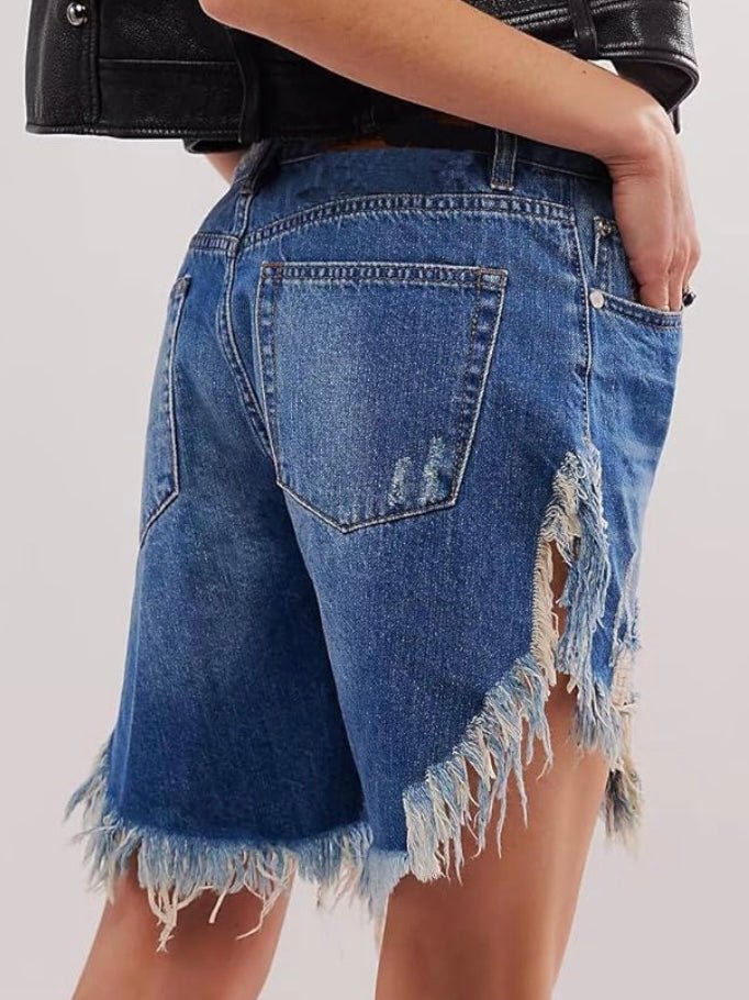 Mid blue denim destroyed shorts pants - Wapas