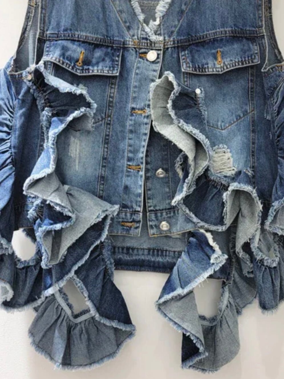 Mid blue denim ruffled pockets vest - Wapas