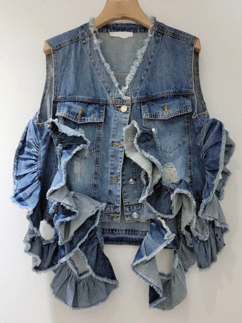 Mid blue denim ruffled pockets vest - Wapas