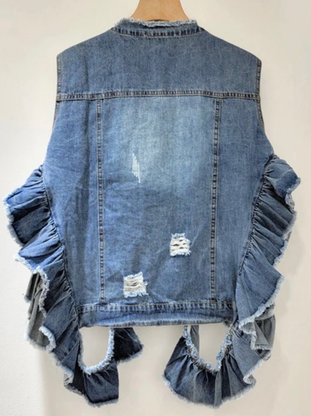 Mid blue denim ruffled pockets vest - Wapas