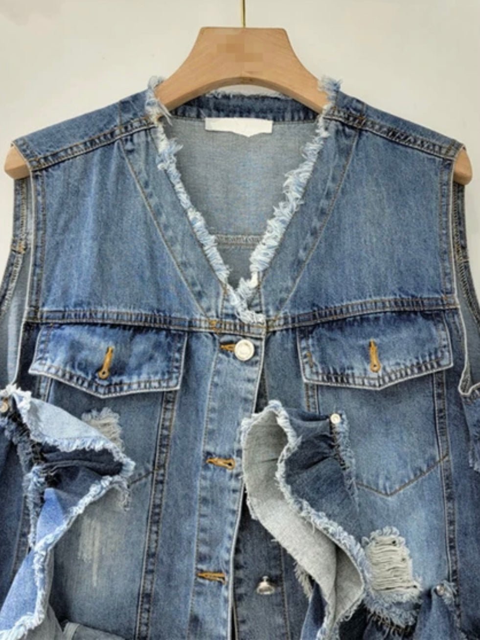 Mid blue denim ruffled pockets vest - Wapas