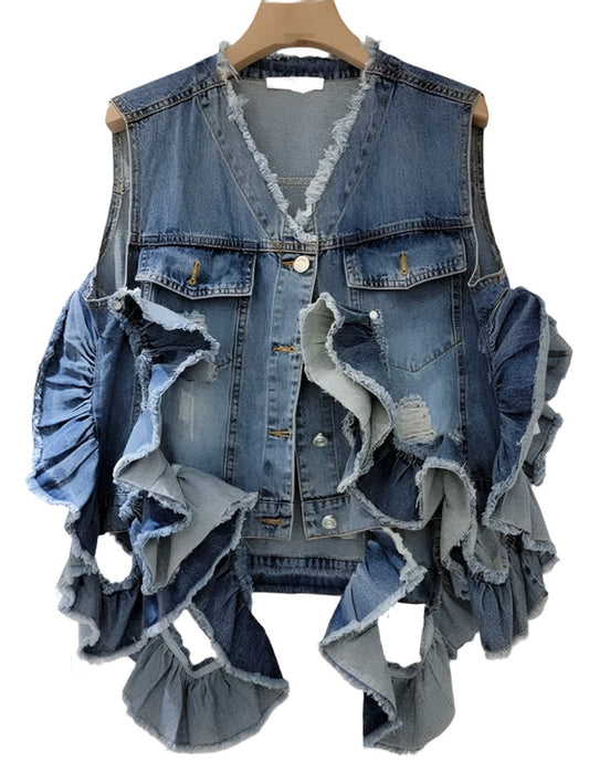 Mid blue denim ruffled pockets vest - Wapas