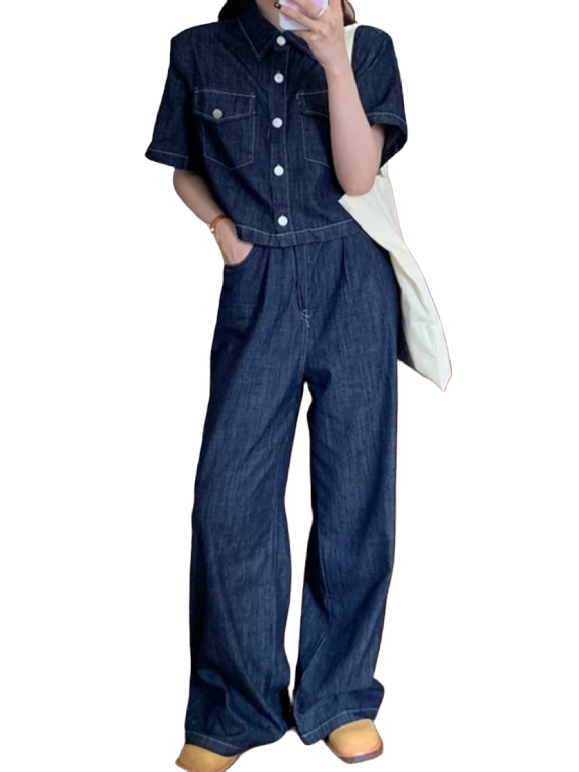 Mid blue denim short sleeves set of 2 shirt and pants - Wapas