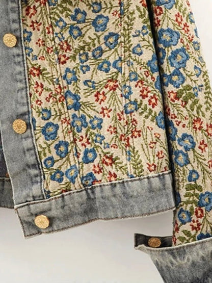 Mid blue floral embroidered jeans flaps jacket - Wapas