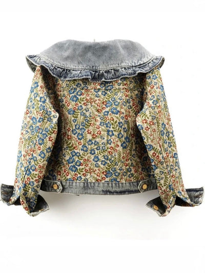 Mid blue floral embroidered jeans flaps jacket - Wapas