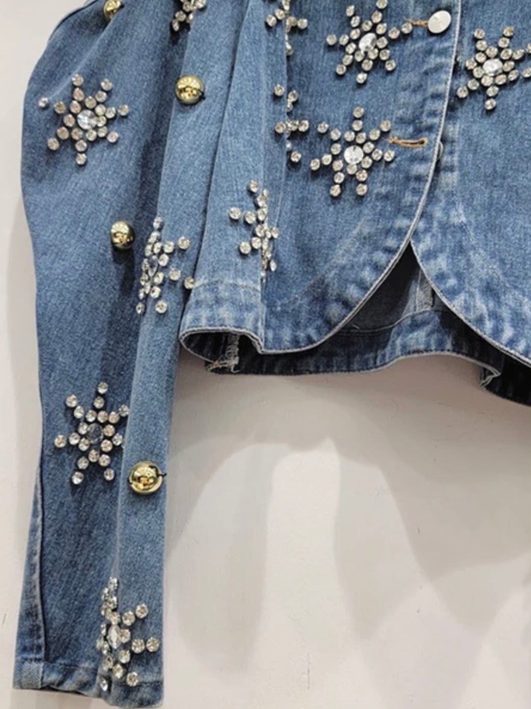 Mid blue flowers stones denim crop top / jacket - Wapas