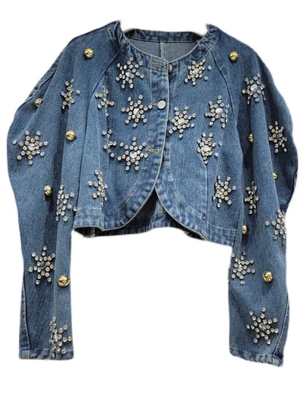 Mid blue flowers stones denim crop top / jacket - Wapas