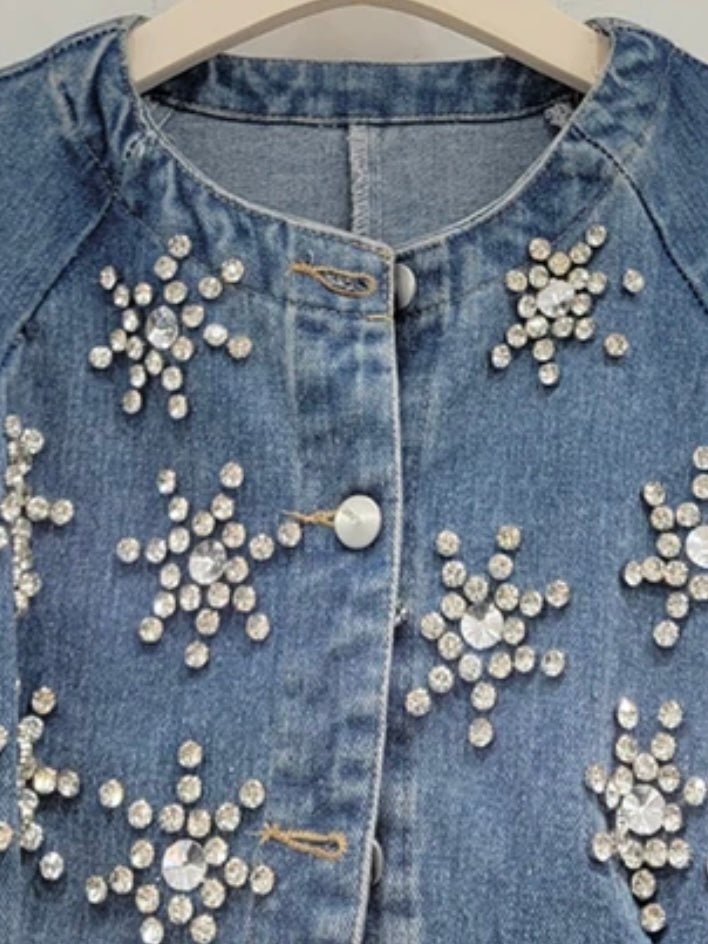 Mid blue flowers stones denim crop top / jacket - Wapas