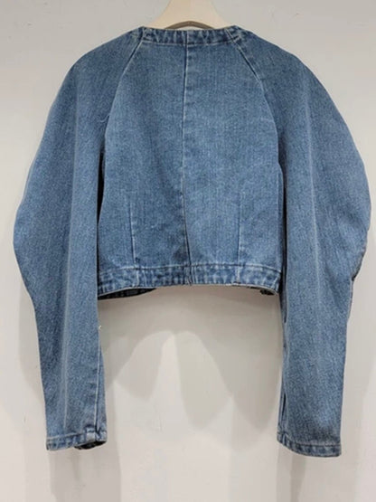 Mid blue flowers stones denim crop top / jacket - Wapas