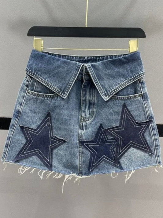 Mid blue stars jeans folded mini skirt - Wapas