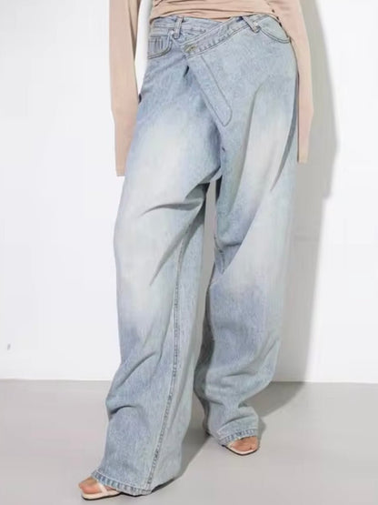 Mid blue washed crossed front jeans pants - Wapas