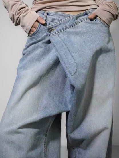 Mid blue washed crossed front jeans pants - Wapas