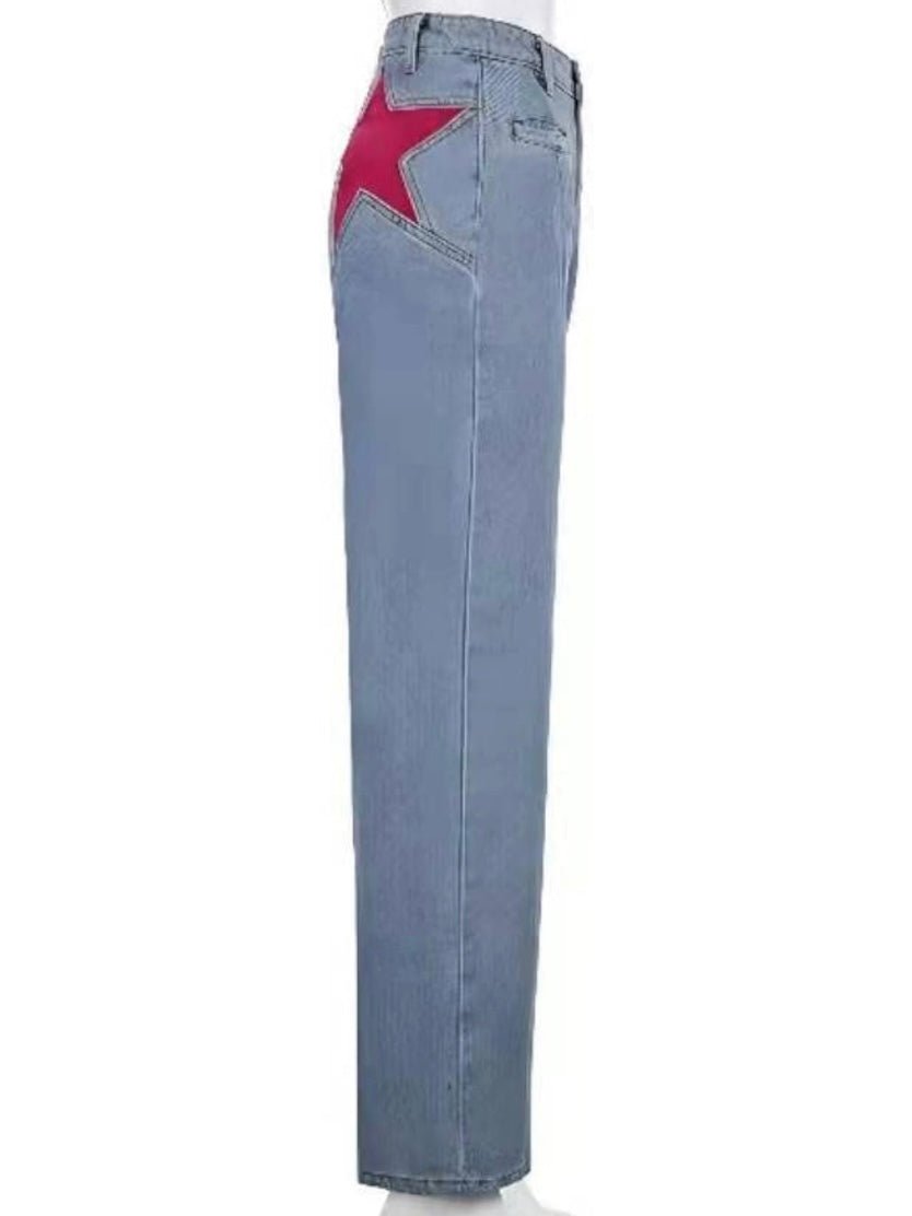 Mid blue washed jeans red stars stretch pants - Wapas