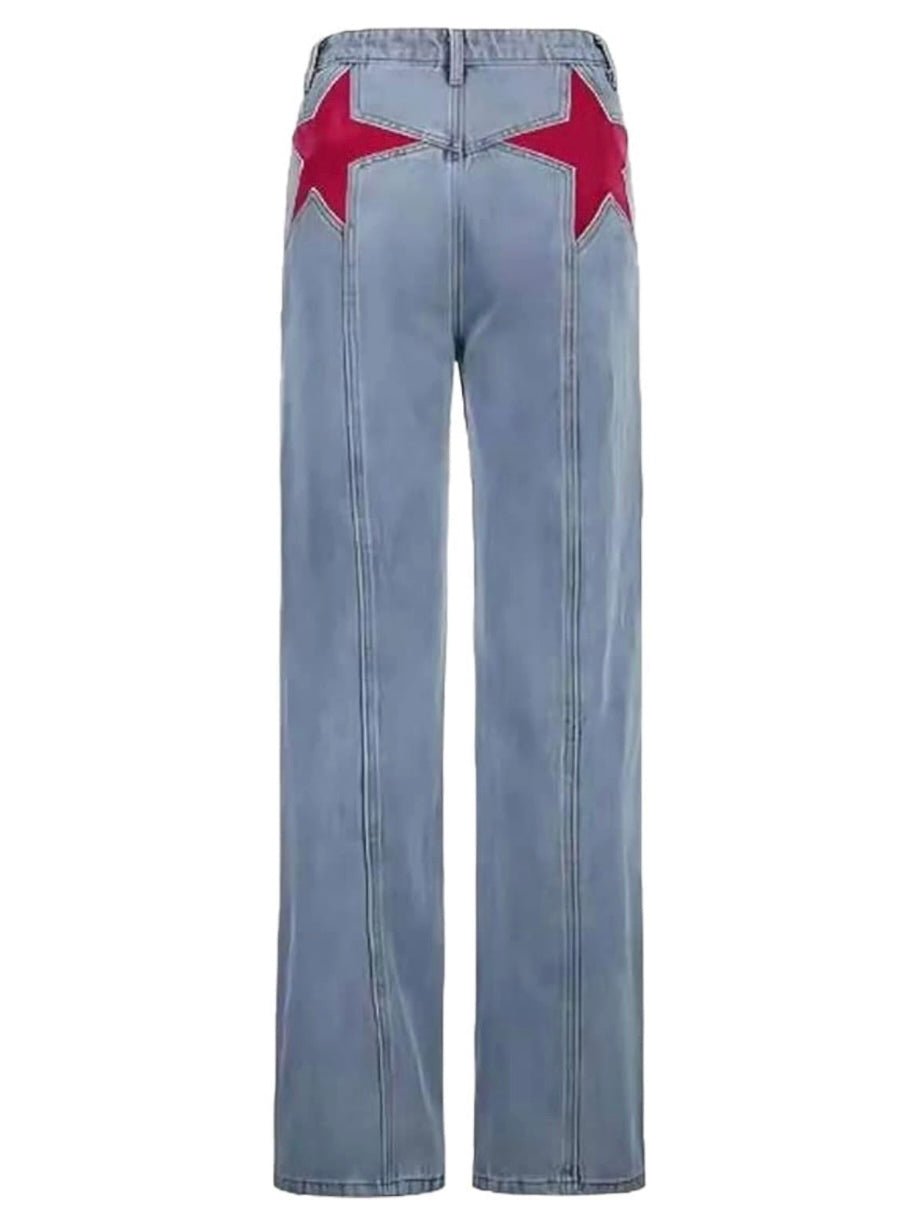 Mid blue washed jeans red stars stretch pants - Wapas