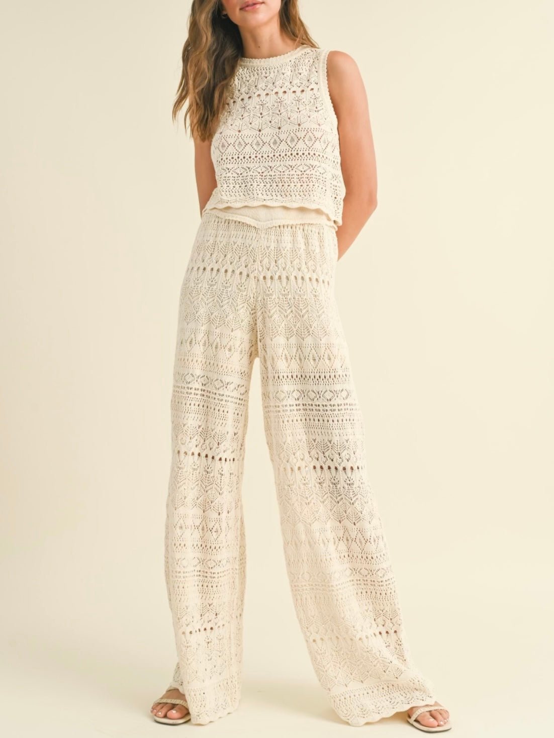 Natural beige knitted crochet pants - Wapas