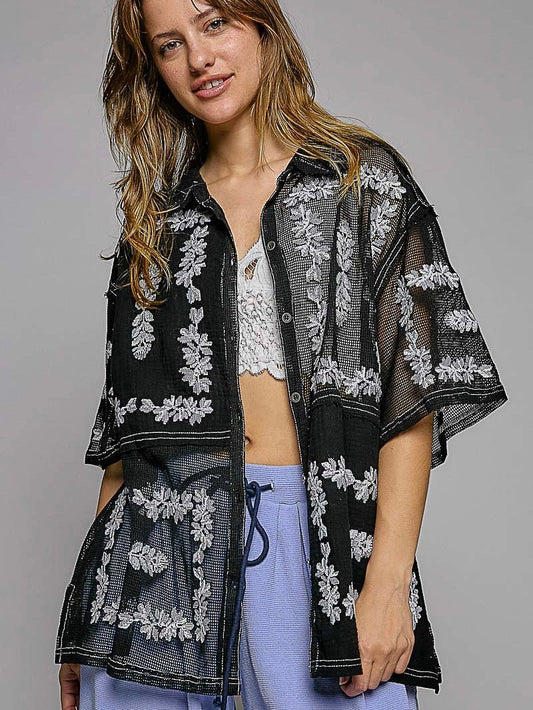 Natural floral black embroidery shirt - Wapas