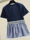 Navy blue crochet striped round neck mix fabrics shirt - Wapas