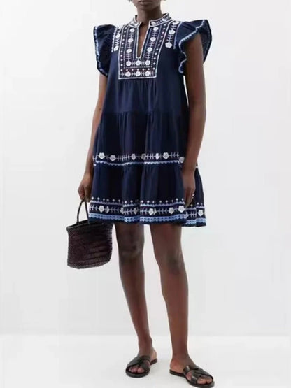 Navy blue embroidered details short dress - Wapas