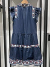 Navy blue embroidered details short dress - Wapas