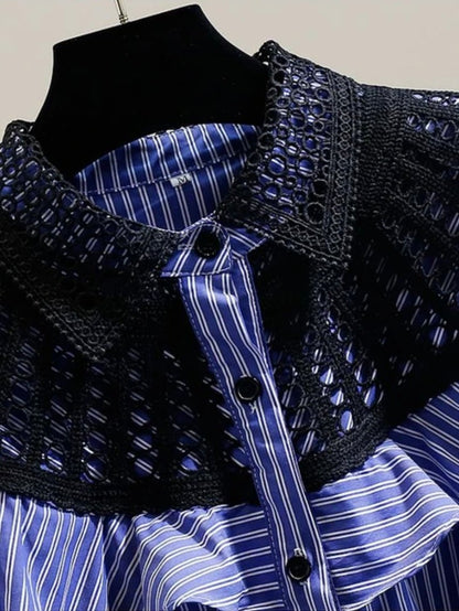 Navy blue striped V - neckline mix fabrics shirt - Wapas