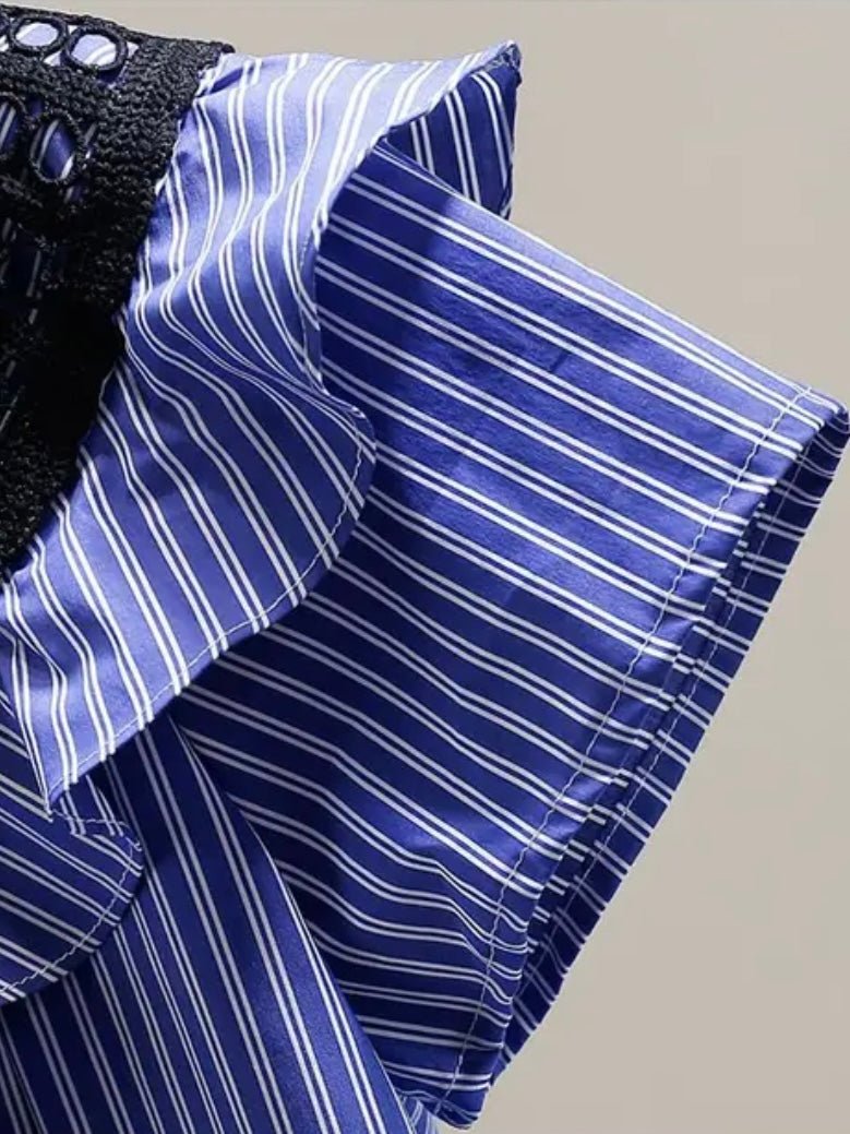 Navy blue striped V - neckline mix fabrics shirt - Wapas