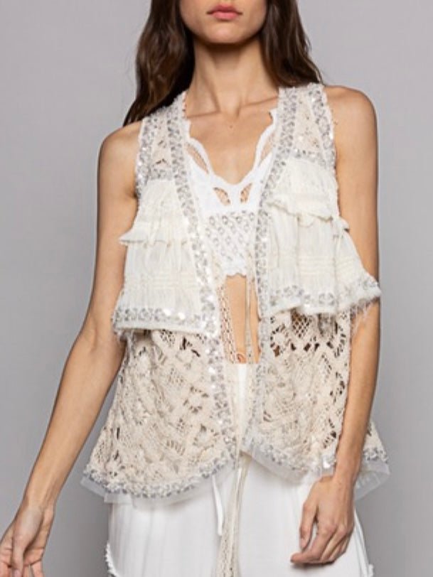 Off white and beige embroidered details vest - top - Wapas