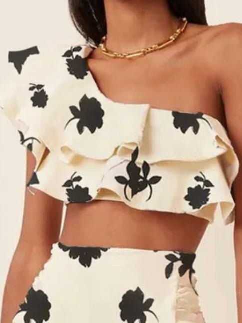 Off white and black leaves one shoulder top / bottom bikini - Wapas