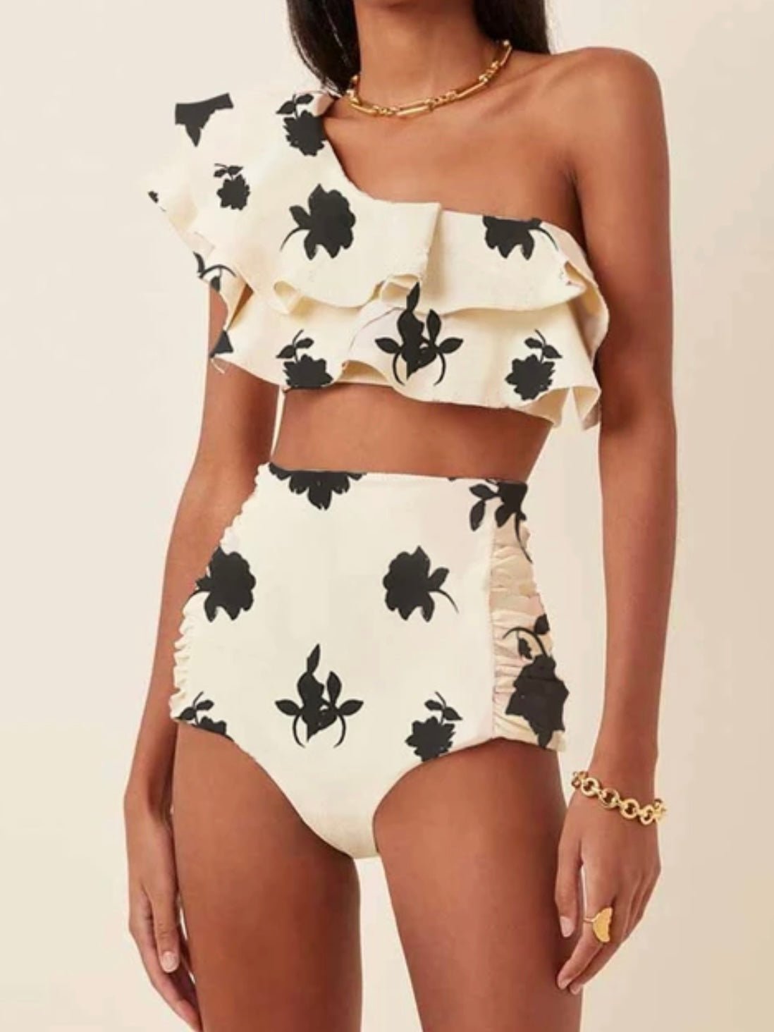 Off white and black leaves one shoulder top / bottom bikini - Wapas