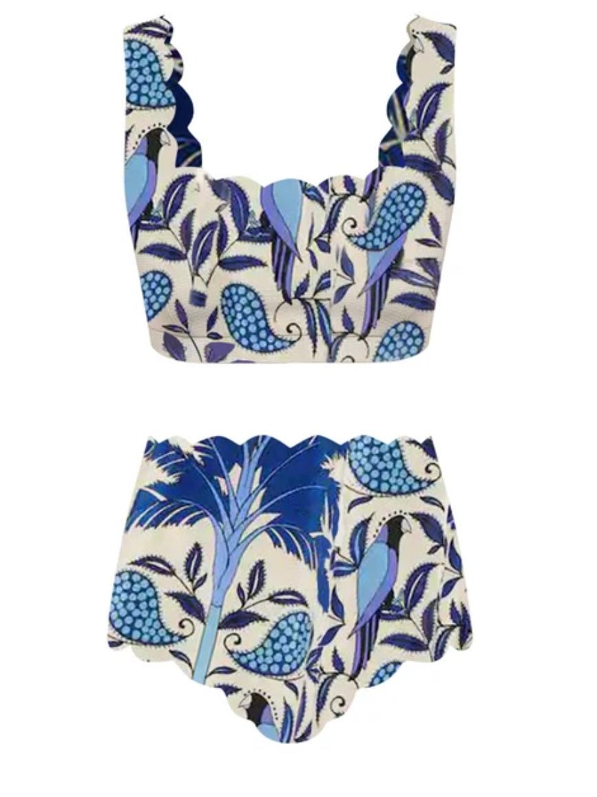 Off white and blue peacock set of bikini and maxi skirt - Wapas