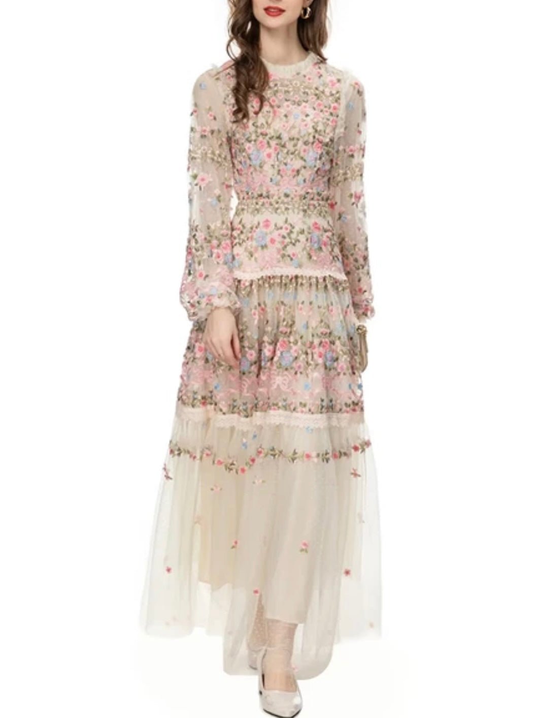 Off white and pink floral embroidered ruffled layered maxi dress - Wapas