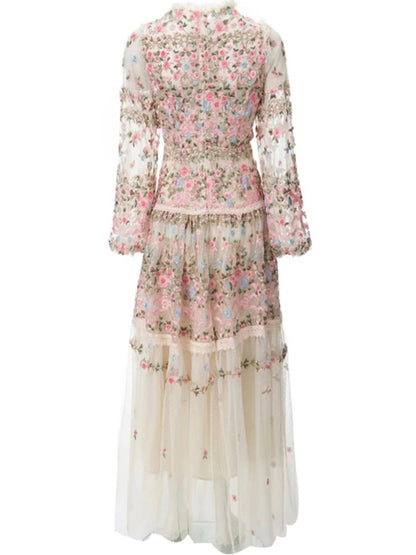 Off white and pink floral embroidered ruffled layered maxi dress - Wapas