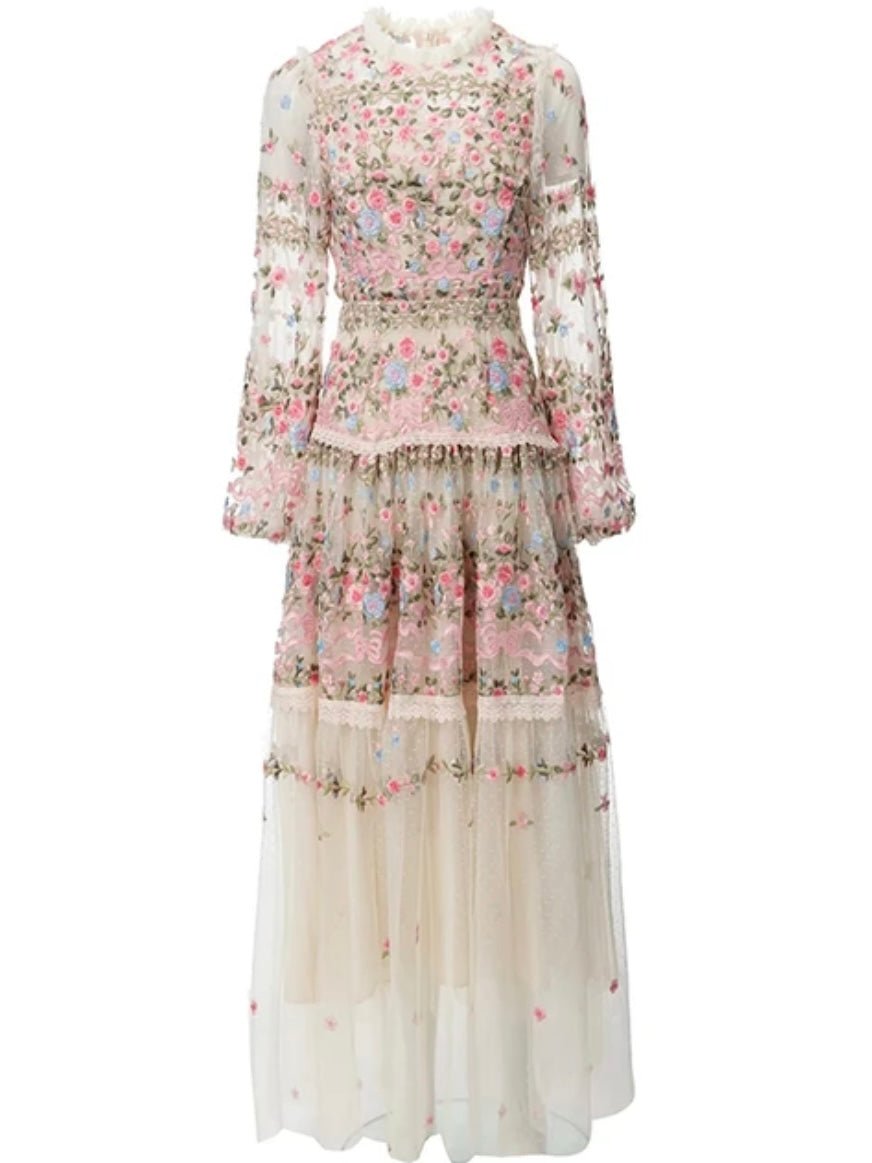 Off white and pink floral embroidered ruffled layered maxi dress - Wapas