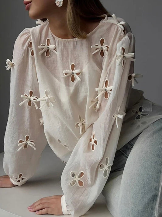 Off white floral cutouts small bows shirt - Wapas