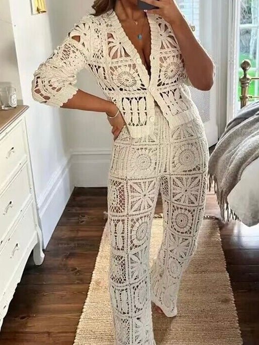 Off white knitted crochet sweater and pants set - Wapas