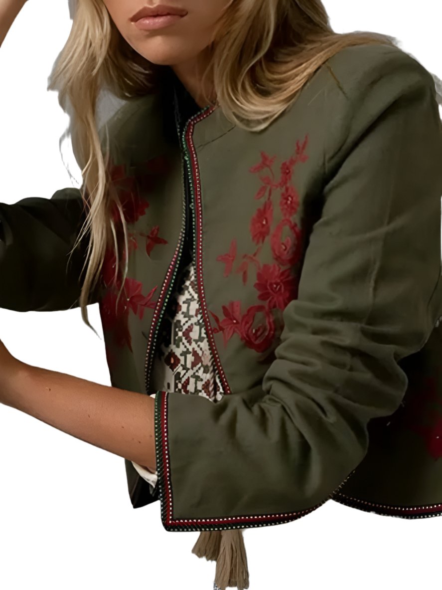 Olive green and red embroidered details jacket - Wapas