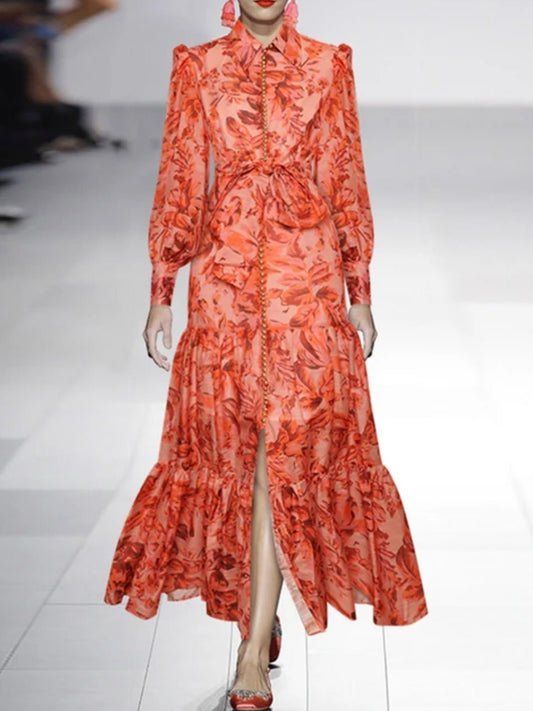 Orange floral printed fabric long sleeves maxi dress - Wapas