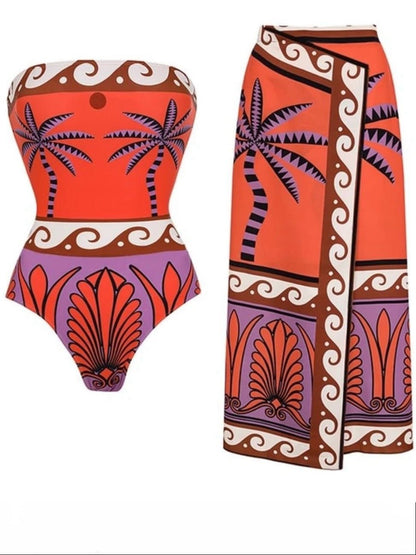 Orange printed set of 2 swimsuit and maxi skirt - Wapas