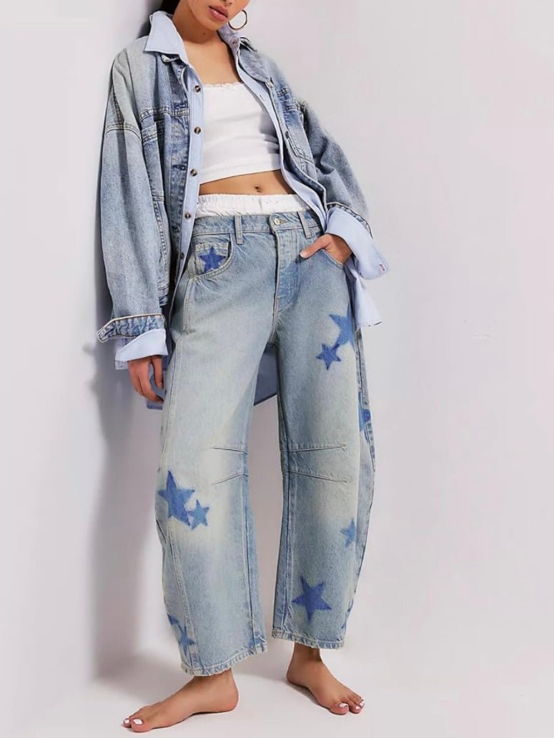 Oversized light blue washed stars baggy jeans be - Wapas