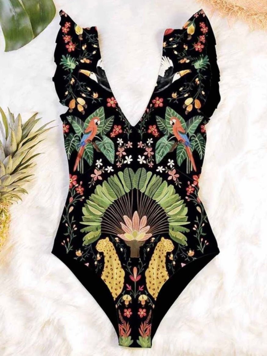 Parrots and leopards black one piece ruffled shoulders swimsuit - Wapas