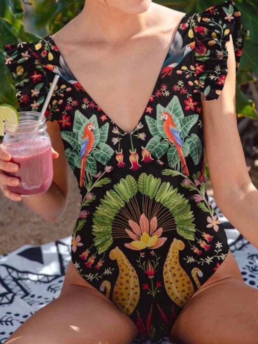 Parrots and leopards black one piece ruffled shoulders swimsuit - Wapas